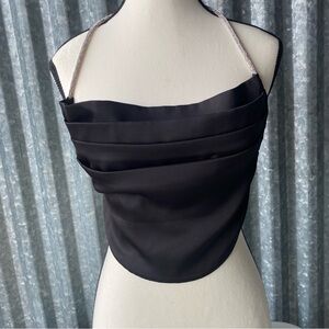 Black Satin Rhinestone Cropped Halter Top Size Small